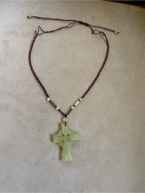 Vintage Handmade Green Jade Cross Pendant Necklace